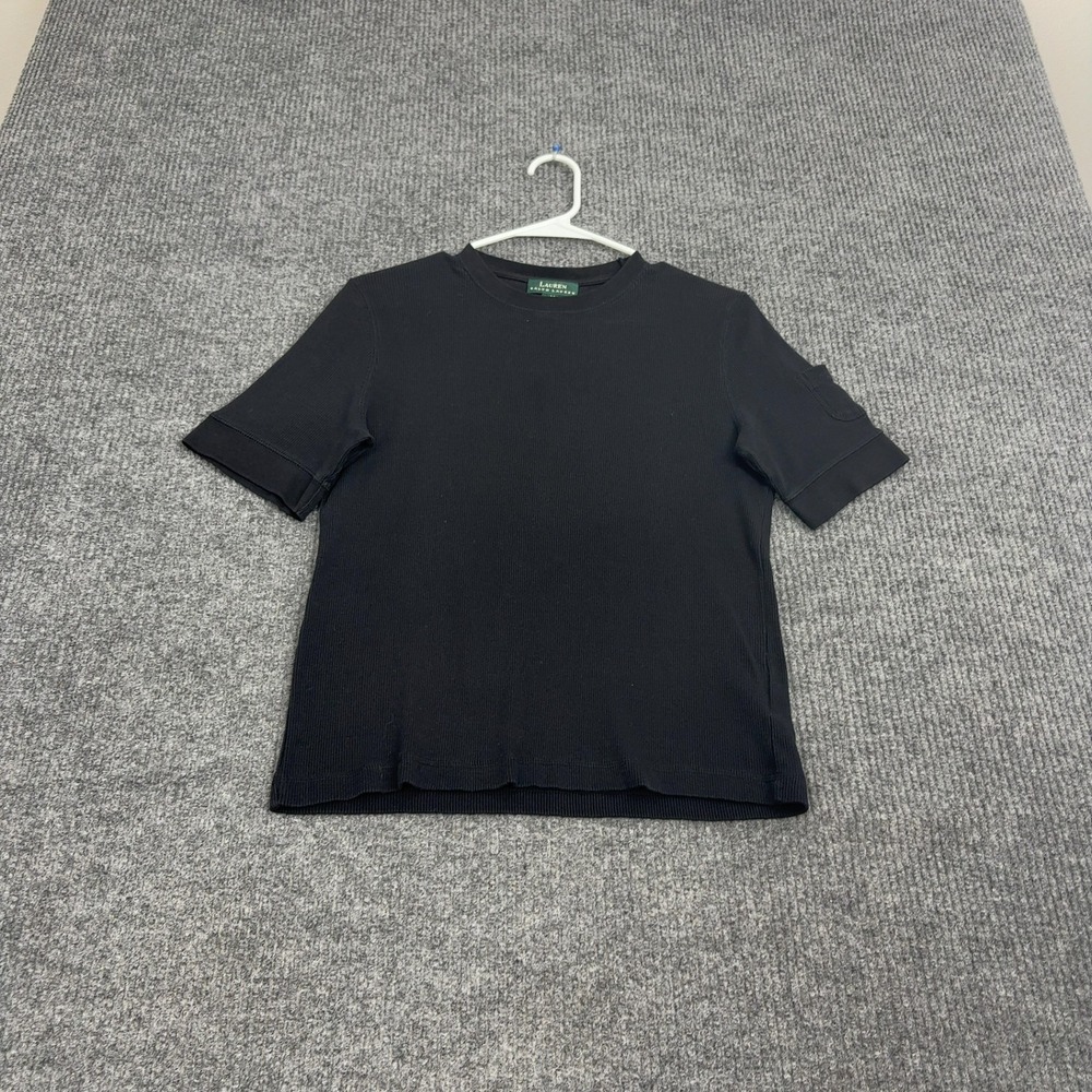 Lauren Ralph Lauren T Shirt Womens M Black Cotton Ribbed Pocket Detail Preppy